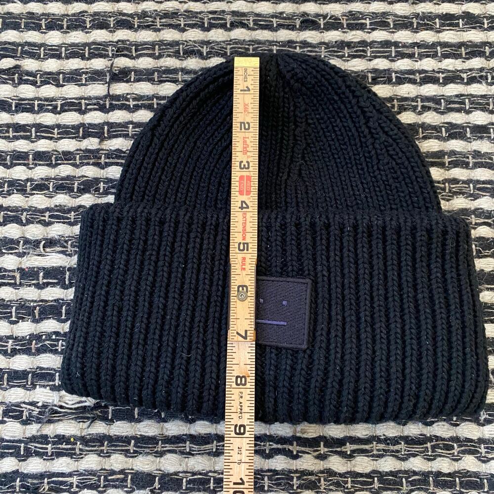 🌿Acne Studio Adult Pansy Face Patch Ribbed Wool Black Chunky knit Beanie Hat OS - Picture 6 of 6